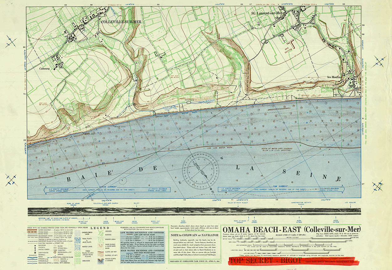 Topsecret kaart van de hand van Antwerpenaar Hugo Van Kuyck gebruikt bij de landing op Omaha Beach (Van D-Day tot V-Day, 2019)